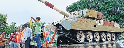 A war tank kept on display for Kargil Vijay Diwas in Sircilla on Friday
