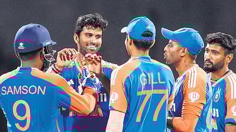 Washington Sundar (C) was the star with the ball for India on Tuesday | pti