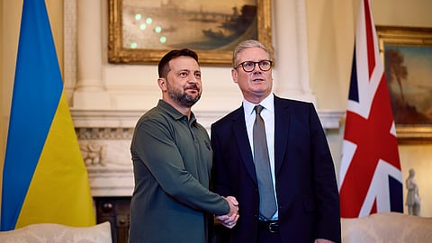 Britain's Prime Minister Keir Starmer, right, and Ukraine's President Volodymyr Zelenskyy shake hands during a bilateral meeting at 10 Downing Street in London, Friday July 19, 2024.