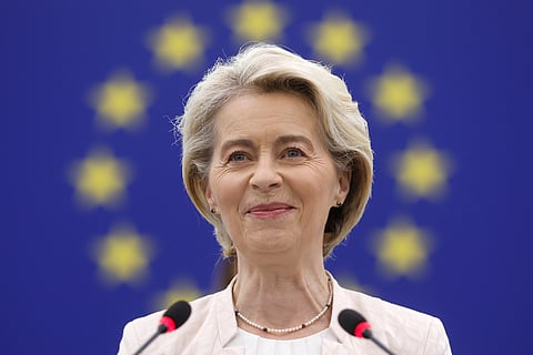 European Commission President Ursula von der Leyen addresses the plenary at the European Parliament in Strasbourg, eastern France, Thursday, July 18, 2024.