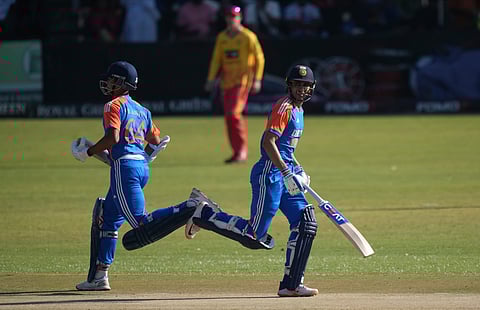 Yashasvi Jaiswal, left and Shubman Gill take a run during the fourth T20I against Zimbabwe (Photo | AP)