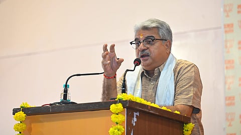 Former Madhya Pradesh High Court judge Justice Rohit Arya addressing a seminar on the three criminal laws at the state party HQ in Bhopal on Saturday
