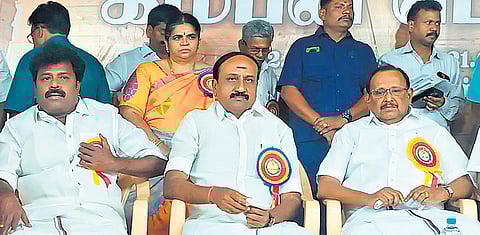 Law Minister S Regupathy taking part in 49th annual ‘Kamban Kazhgam’ meeting held in Pudukkottai on Sunday