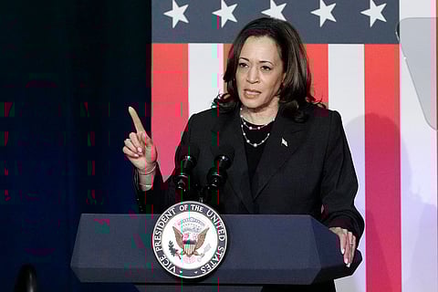 Vice President Kamala Harris speaks at a campaign event, Wednesday, July 17, 2024, in Kalamazoo, Michigan.