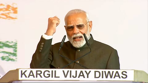 Prime Minister Narendra Modi speaks during a program to commemorate the 25th anniversary of the Kargil Vijay Diwas at the Kargil War Memorial, in Dras on Friday