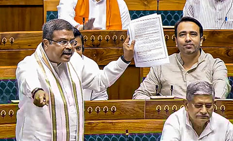 Union Minister Dharmendra Pradhan speaks in the Lok Sabha during the first day of the Parliament session.