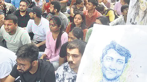 Students protest outside the fateful coaching centre in Old Rajinder Nagar where three civil services aspirants died.