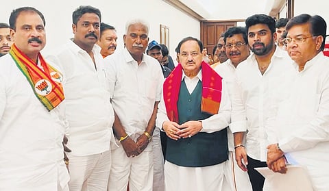 A group of BJP MLAs from Pondy with JP Nadda in Delhi on Wednesday