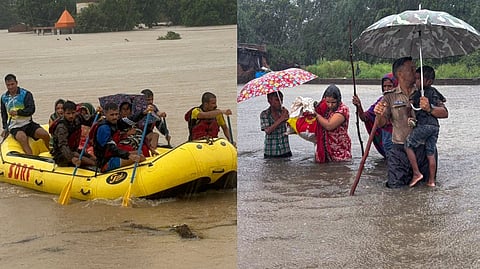 The Indian Army has joined the rescue efforts in flood-hit Uttarakhand, with the State Disaster Response Force (L), People shift from the flooded Pakadia Bengali area to a relief camp following heavy rains, in Udham Singh Nagar (R)