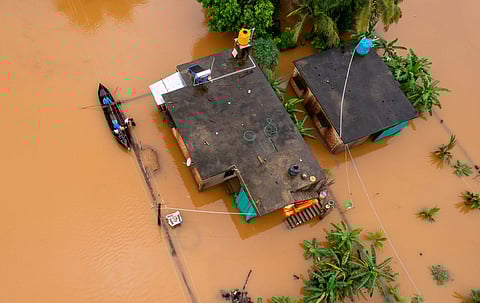 Drone images showing the severity of floods along the Aghanashini River in Uttara Kannada district.