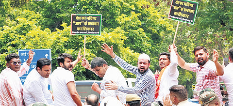 BJP workers protest outside AAP office over Rajinder Nagar's deaths.