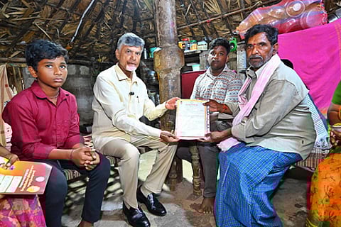 CM Nara Chandrababu Naidu during the handover of pension to the beneficiaries at Penumaka village of Guntur district on Monday.
