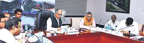 Officials of the South Western Railway take part in the virtual press meet by Union Railway Minister Ashwini Vaishnaw on Wednesday | Express
