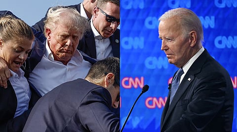 (L) Assassination attempt on Donald Trump; (R) Joe Biden at the first Presidential debate.