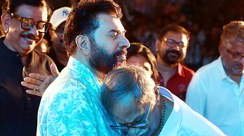 Super writer with super star Renowned writer MT Vasudevan Nair being hugged by actor Mammootty on the occasion of his 91st birthday