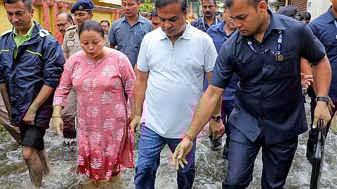 Assam Chief Minister Himanta Biswa Sarma inspects the flood affected areas of Dibrugarh, on Friday.