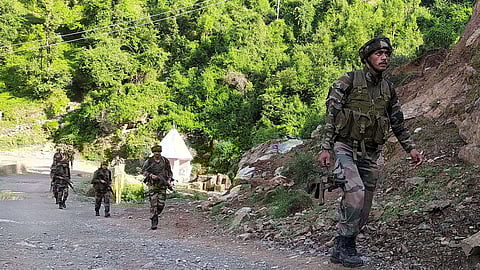 Indian Army personnel during a counter-terror operation after terrorists ambushed an Army convoy, in Kathua district, Tuesday, June 9, 2024.