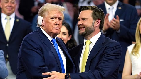 Republican presidential candidate former President Donald Trump, left, is introduced alongside Republican vice presidential candidate Sen. JD Vance, R-Ohio, during the Republican National Convention, July 16, 2024, in Milwaukee.