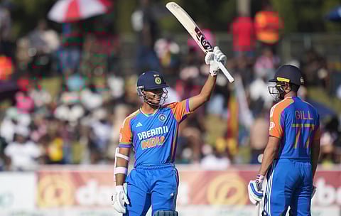 Indian batsman Yashasvi Jaiswal celebrates after scoring 50 runs during the T20 cricket match between Zimbabwe and India on July 13, 2024.