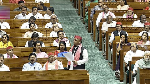 Samajwadi Party MP Akhilesh Yadav speaks in the Lok Sabha during the ongoing Parliament session, in New Delhi, Tuesday, July 2, 2024.