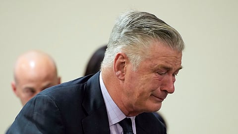 Actor Alec Baldwin reacts during his trial for involuntary manslaughter for the 2021 fatal shooting of cinematographer Halyna Hutchins (Photo | AP)