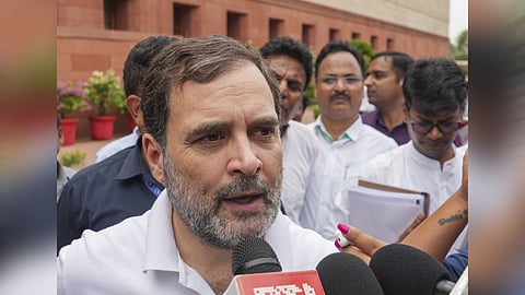 Leader of Opposition in Lok Sabha Rahul Gandhi speaks to the media as he arrives to attend the Parliament session, in New Delhi, Tuesday, July 2, 2024.
