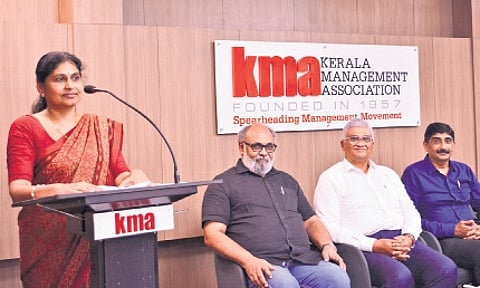 Mini Joseph, general manager of New Ventures at Cochin International Airport, delivers a lecture on Green Initiatives during the Kerala Management Association ‘Leader Insight’ lecture series