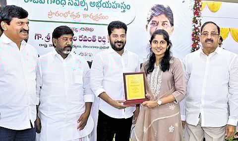 CM A Revanth Reddy, along with other ministers, congratulates Ananya Reddy, who secured AIR 3 in UPSC, at Praja Bhavan, Hyderabad on Saturday