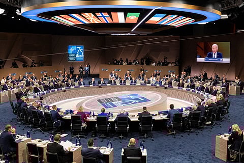 US President Joe Biden speaks during the meeting of the North Atlantic Council at the level of Heads of State and Government during the NATO 75th anniversary summit at the Walter E.