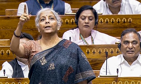 Union Finance Minister Nirmala Sitharaman speaks in the Lok Sabha during the first day of the Parliament session, in New Delhi, Monday, July 22, 2024.