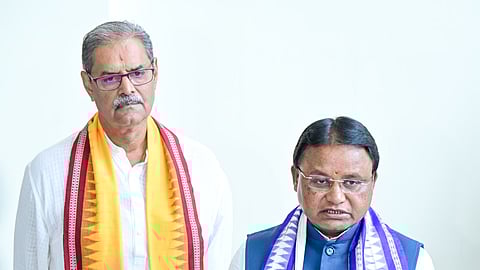 Chief Minister Mohan Charan Majhi addressing mediapersons at Loka Seva Bhavan in Bhubaneswar on Sunday.