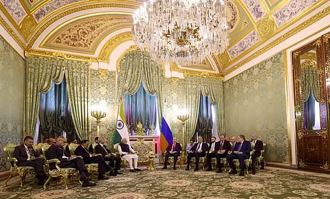 Prime Minister Narendra Modi and Russian President Vladimir Putin during a meeting at the Kremlin, in Moscow, Russia.