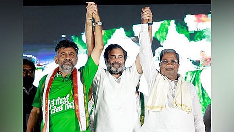 Chief Minister Siddaramaiah and Deputy Chief Minister DK Shivakumar with Leader of Opposition in the Lok Sabha, Rahul Gandhi