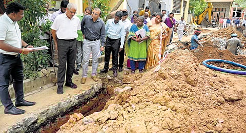 Chief Secretary Shiv Das Meena inspecting the restoration of the sewer network at Periyar Nagar on Saturday
