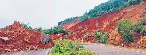 The stretch of National Highway-66 after a massive landslide at Shirur near Ankola .