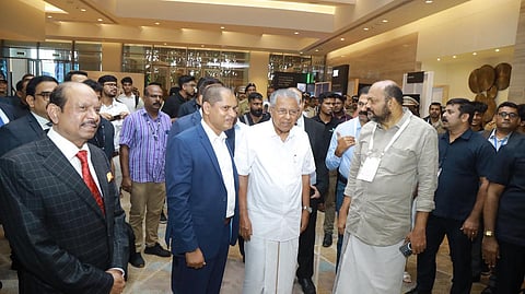 Kerala CM Pinarayi Vijayan along with Industries Minister P Rajeeve, IBM Software senior vice president Dinesh Nirmal and Lulu group founder Yusuffali M A at the Gen AI Conclave in Kochi.