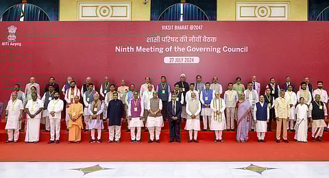 Prime Minister Narendra Modi, Union Home Minister Amit Shah and chief ministers, including Mamata Banerjee, during a group photo on Saturday