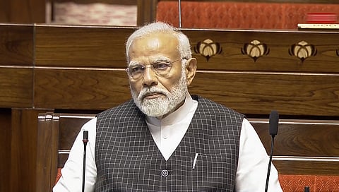 Prime Minister Narendra Modi replies to the Motion of Thanks on the President's Address in the Rajya Sabha during the ongoing Parliament session, in New Delhi, Wednesday, July 3, 2024.