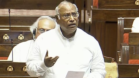 Leader of Opposition in Rajya Sabha Mallikarjun Kharge speaks in the House during the Monsoon session of Parliament, in New Delhi, Wednesday, July 31, 2024.