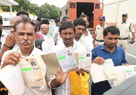 Farmers protest against irregularities in the Dharani portal at the Secretariat in Hyderabad on Monday