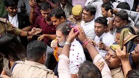 Congress leader Rahul Gandhi on his way to appear at a district court in connection with a defamation case, in Sultanpur.