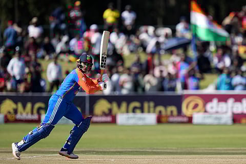 India's batsman Abishek Sharma in action during the T20 cricket between Zimbabwe and India at Harare Sports club,Sunday, July 7,2024.