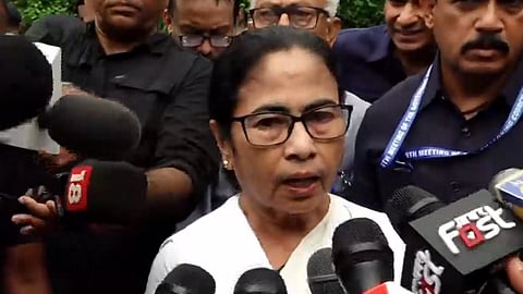 West Bengal Chief Minister Mamata Banerjee interacts with the media after walking out of a Niti Aayog meeting chaired by Prime Minister Narendra Modi, in New Delhi, Saturday, July 27, 2024.