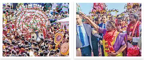 Sevayats carrying Lord Jagannath in pahandi; President Droupadi Murmu waves to the crowd as CM Mohan Majhi and Union Minister Dharmendra Pradhan look on