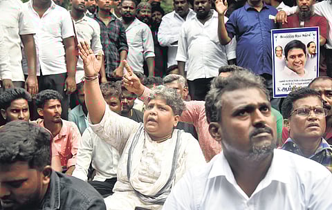 Supporters and party cadre of BSP protesting in front of Rajiv Gandhi General Hospital mortuary where Armstrong’s mortal remains have been kept