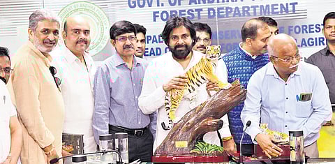 Deputy Chief Minister Pawan Kalyan holds a review meeting with officials at Aranya Bhavan in Mangalagiri on Monday to mark Global Tiger Day.