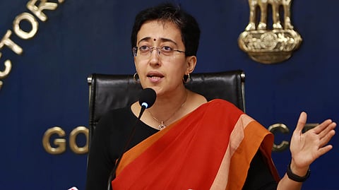 Delhi Minister Atishi addresses a press conference at Delhi Secretariat, in New Delhi on Monday