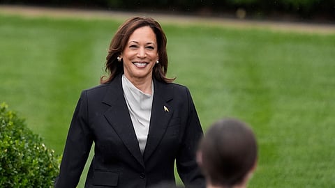 Vice President Kamala Harris arrives to speak from the South Lawn of the White House in Washington, Monday