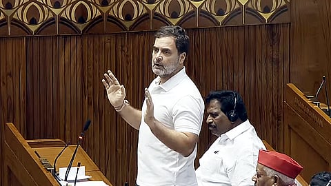 Leader of Opposition in the Lok Sabha Rahul Gandhi speaks in the House during the ongoing Parliament session, in New Delhi on Monday