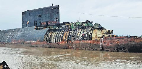 Submarine INS Sindhudhvaj being dismantled at Steel Industrials Kerala Limited at Azhikkal in Kannur
